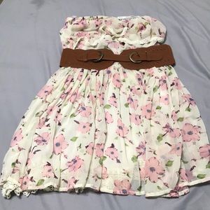 Short Strapless Floral Dress with Belt